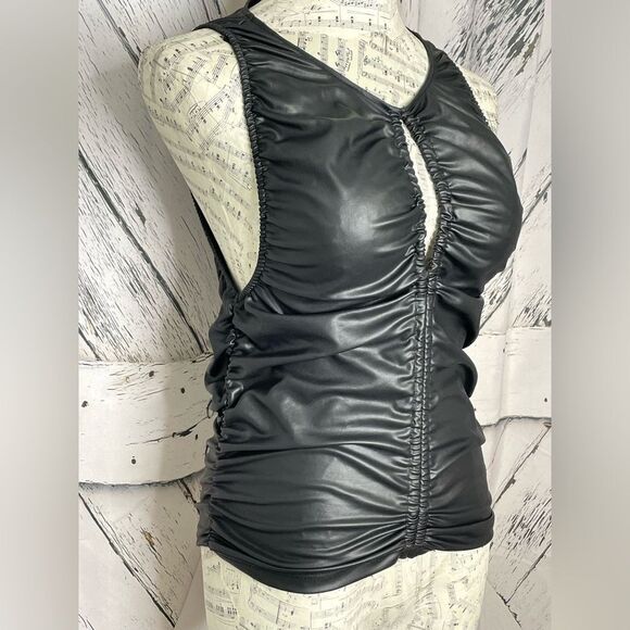 Free People Ride Along Faux Leather Top Gathered Black Small - Picture 3 of 7
